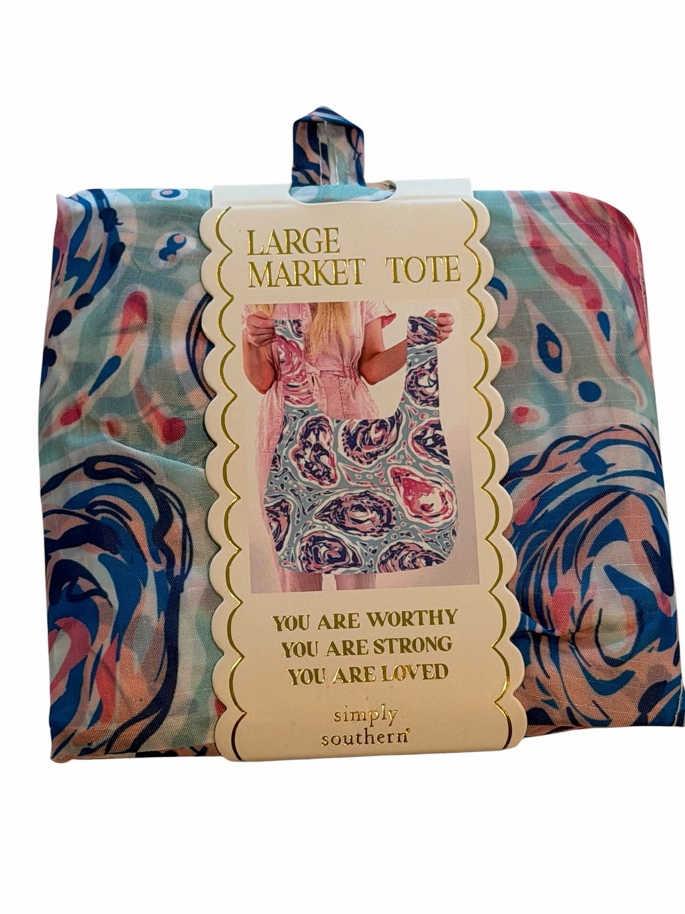 Simply Southern Oyster Print Foldable Large Market Tote Reusable Grocery Bag NWT